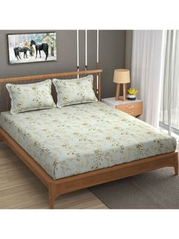 BAJO'S - Green Floral Printed Fitted Bedsheet & 2 Pillow Covers (King)