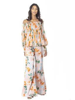 MANDIRA WIRK - Chiffon Printed Smocking Detail Top With Satin Printed Pants Peach (Set of 2)