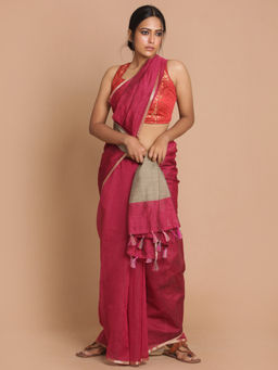Indethnic - Banarasi Maroon Solid Daily Wear Saree With Unstitched Blouse