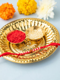 Niscka - Red Thread & Pearl Beads Rudraksh Rakhi with Roli Chawal