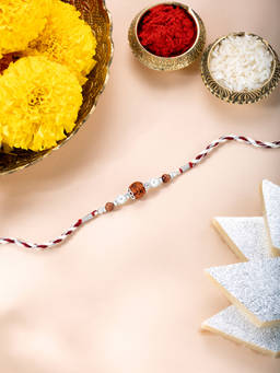 Peora - Multi-Color Sterling Silver Rudraksh Rakhi with Roli Chawal & Greeting Card