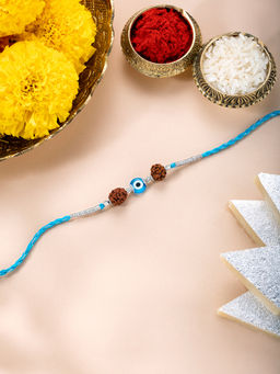 Peora - Blue Sterling Silver Rudraksh & Evil Eye Rakhi with Roli Chawal & Greeting Card