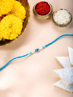 Peora - Sterling Silver Blue Evil Eye Rakhi with Roli Chawal & Greeting Card