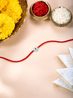 Peora - Sterling Silver Red Evil Eye & Cz Studded Rakhi with Roli Chawal & Greeting Card