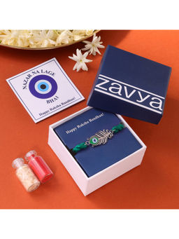 Zavya - Green Peacock Feather Charm Oxidised Sterling Silver Rakhi with Roli Chawal