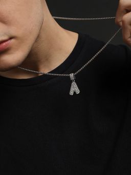 French Accent - Men Embellished A Alphabet Pendant Necklace - Silver