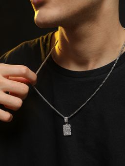 French Accent - Men Embellished E Alphabet Pendant Necklace - Silver