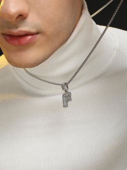French Accent - Men Embellished F Alphabet Pendant Necklace - Silver