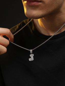 French Accent - Men Embellished J Alphabet Pendant Necklace - Silver
