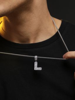 French Accent - Men Embellished L Alphabet Pendant Necklace - Silver