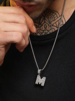 French Accent - Men Embellished M Alphabet Pendant Necklace - Silver