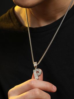 French Accent - Men Embellished P Alphabet Pendant Necklace - Silver