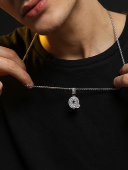 French Accent - Men Embellished Q Alphabet Pendant Necklace - Silver