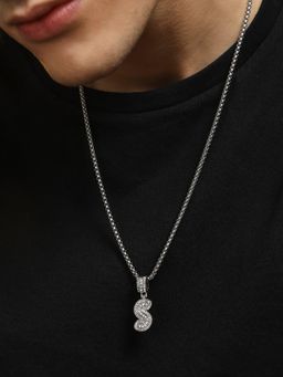 French Accent - Men Embellished S Alphabet Pendant Necklace - Silver