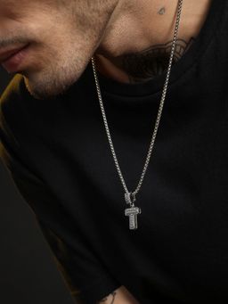 French Accent - Men Embellished T Alphabet Pendant Necklace - Silver