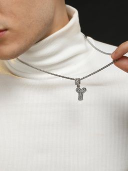 French Accent - Men Embellished Y Alphabet Pendant Necklace - Silver