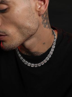 French Accent - Men Geometric Bling Collar Necklace - Silver
