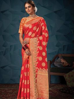 Odette - Womens Red Silk Blend Printed Saree with Unstitched Blouse