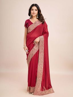 Kasee - Red Embroidered Pre-Drapped Saree with Unstitched Blouse