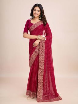 Kasee - Wine Embroidered Pre-Drapped Saree with Unstitched Blouse