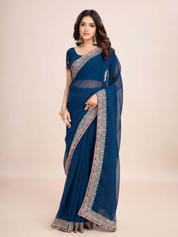 Kasee - Blue Embroidered Pre-Drapped Saree with Unstitched Blouse