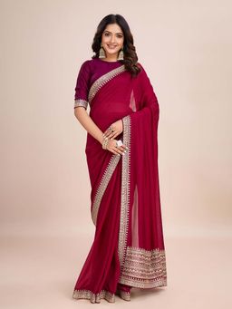 Kasee - Wine Embroidered Pre-Drapped Saree with Unstitched Blouse