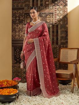 Kasee - Rust Embroidered Saree with Unstitched Blouse