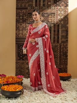 Kasee - Rust Floral Saree with Unstitched Blouse