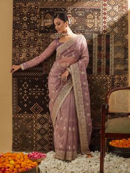 Kasee - Lavender Embroidered Saree with Unstitched Blouse