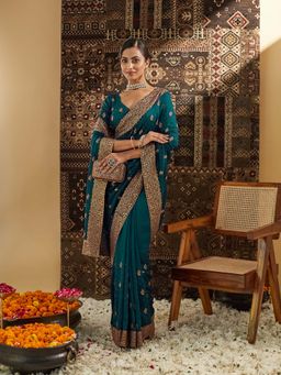 Kasee - Blue Embroidered Saree with Unstitched Blouse