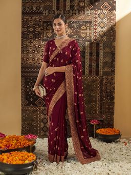 Kasee - Wine Embroidered Saree with Unstitched Blouse