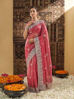 Kasee - Pink Embroidered Saree with Unstitched Blouse