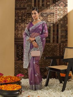 Kasee - Lavender Embroidered Saree with Unstitched Blouse