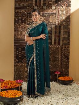 Kasee - Teal Embroidered Saree with Unstitched Blouse