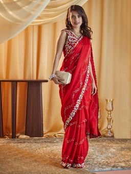 Kasee - Red Embroidered Saree with Unstitched Blouse
