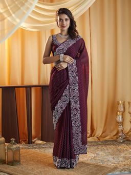 Kasee - Wine Embellished Saree with Unstitched Blouse
