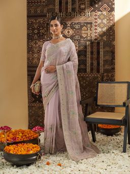 Kasee - Lavender Embroidered Saree with Unstitched Blouse