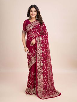 Kasee - Wine Embroidered Pre-Drapped Saree with Unstitched Blouse