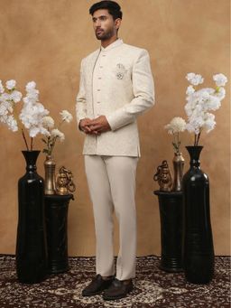 Jompers - Men Cream Embroidered Inner Kurta with Trousers and Jacket