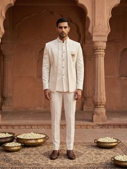 Jompers - Men Cream Embroidered Cotton Blend Inner Kurta with Trousers and Jacket