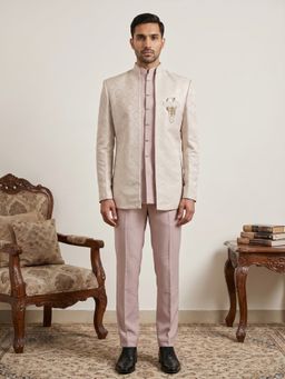 Jompers - Men Magenta Jacquard Silk Ethnic Inner Kurta with Trousers and Jacket