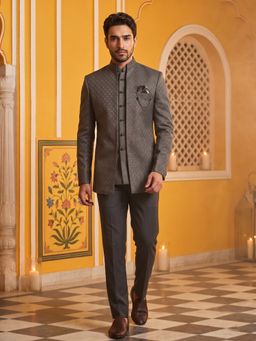 Jompers - Men Brown Cotton Blend Textured Inner Kurta with Trousers and Jacket