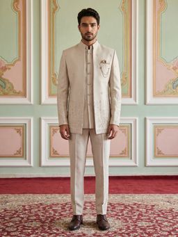 Jompers - Men Cream Embroidered Cotton Blend Inner Kurta with Trousers and Jacket