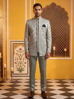 Jompers - Men Blue Premium Silk Jacquard Inner Kurta with Trousers and Jacket