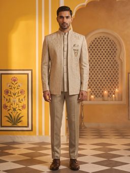 Jompers - Men Beige Classic Woven Jacquard Inner Kurta with Trousers and Jacket