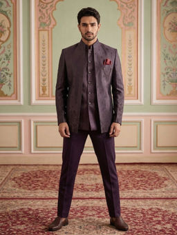 Jompers - Men Purple Woven Design Inner Kurta with Trousers and Jacket