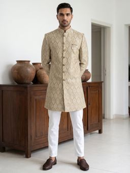 Jompers - Men Beige Festive Jacquard Jacket with Pyjama