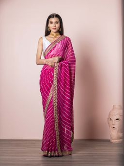 EXCLUSIVA - Pink Blended Georgette Leheriya Saree with Unstitched Blouse