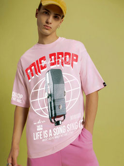 Bewakoof - Men's Pink Mic drop Graphic Printed Oversized T-shirt