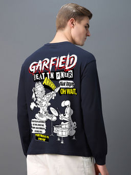 Bewakoof - Official Garfield Merchandise Men Navy Blue Drum Graphic Printed Oversized T-Shirt